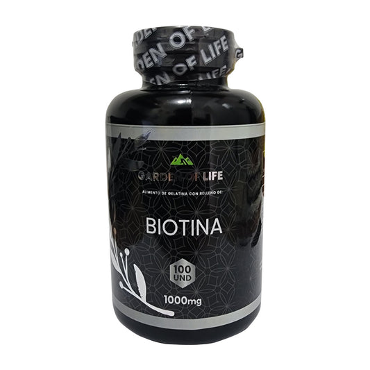 Suplemento de Biotina Garden of Life 100 cápsulas de 1000 mg con registro INVIMA NSA-0017664-2024 para cabello, piel y uñas