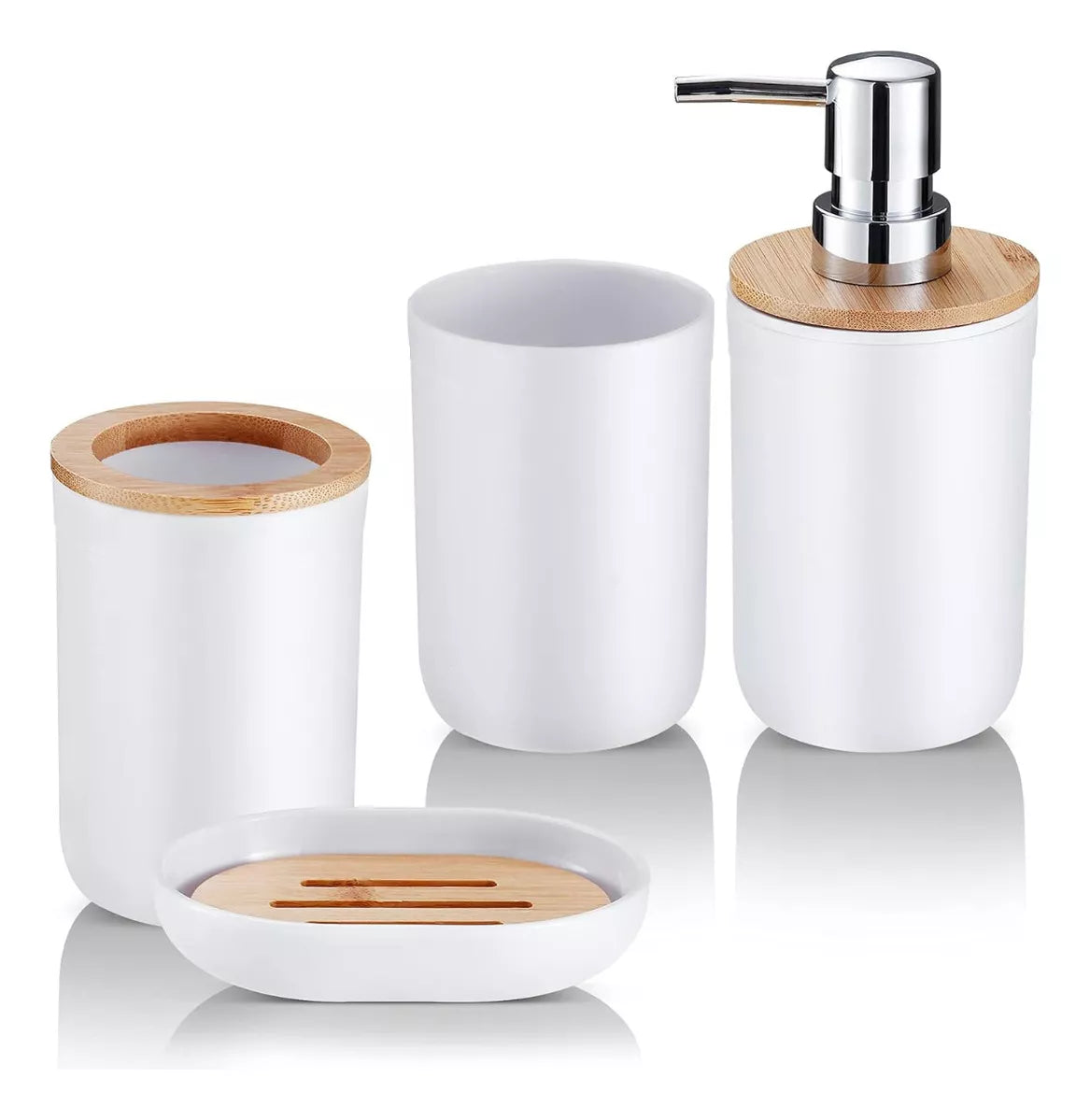 “Juego de baño blanco con bambú: vaso, jabonera, escoba sanitaria y dispensador”