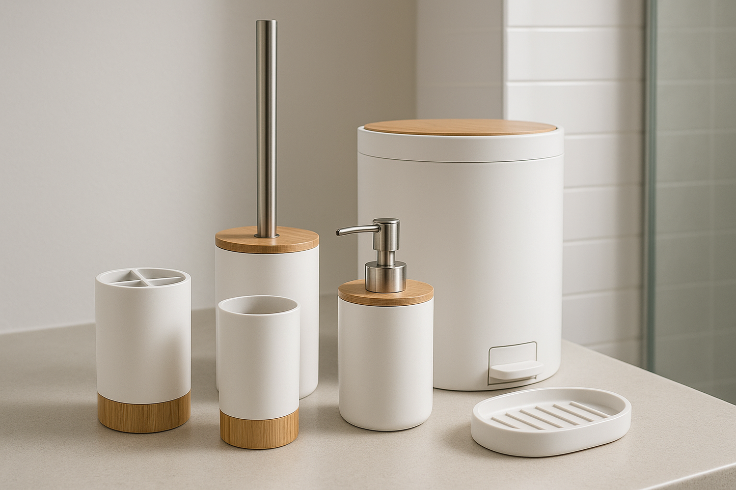 Kit de Baño Blanco con Bambú 6 Piezas - Elegante y Funcional