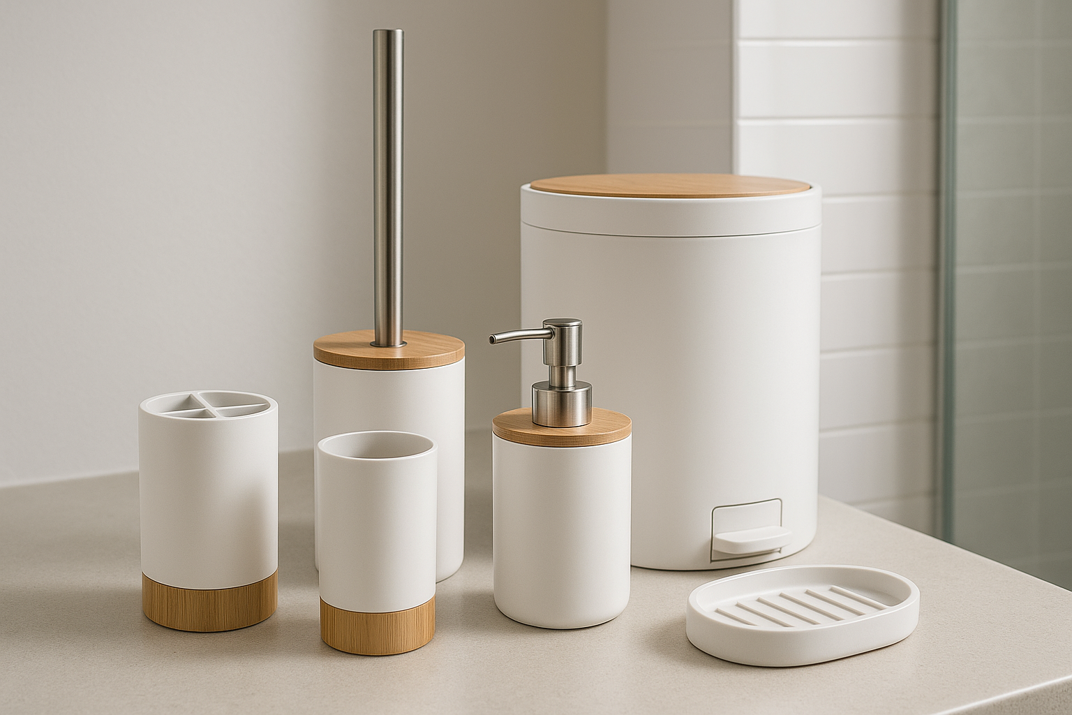 Kit de Baño Blanco con Bambú 6 Piezas - Elegante y Funcional